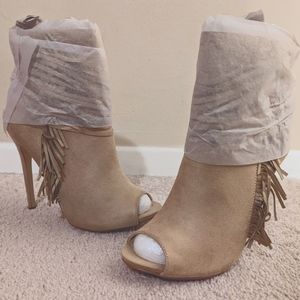 Just Fab suede peep-toe sleep bootie with fringe